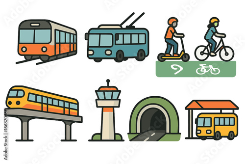 Urban Transport Icons. Flat vector mini-illustrations transportation in growing cities in colors children's