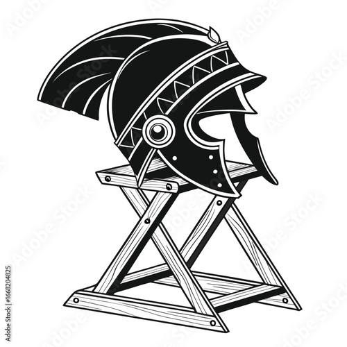 Ancient helmet on wooden stand silhouette