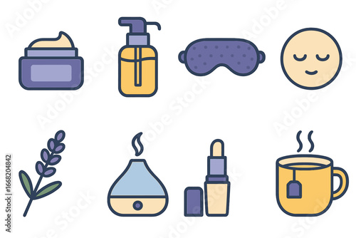Night Skincare Rituals. Flat vector mini-illustrations nighttime skincare rituals in colors children's