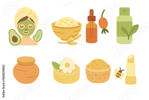 Skincare Rituals Icons. Flat vector mini-illustrations organic skincare rituals in colors children's