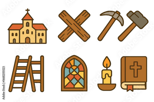 Historic Monastery Icons. Flat vector mini-illustrations historic monastery building in colors children's