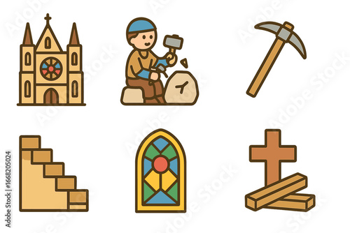 Medieval Cathedral Icons. Flat vector mini-illustrations medieval cathedral building in colors children's