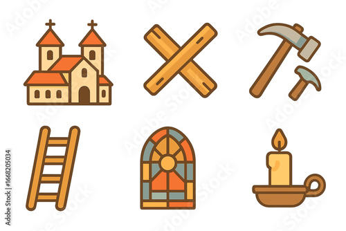 Historic Monastery Icons. Flat vector mini-illustrations historic monastery building in colors children's