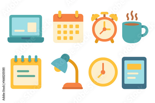 Freelancer Productivity Icons. Flat vector mini-illustrations freelancer productivity tips in colors