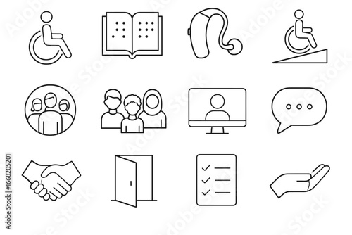 Accessibility Icons Set. Outline icon set of accessibility at work: wheelchair icon, braille book, hearing aid