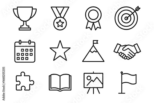Achievement Icons Grid. Outline icon set of personal achievements: trophy, medal, ribbon, target icon,