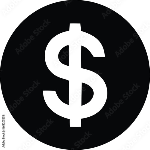 Bold white dollar sign centered within a solid black circle graphic symbolizing currency finance money and wealth