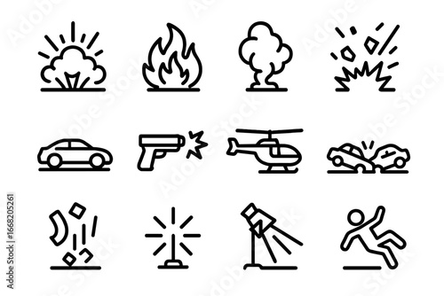 Action Icon Set. Outline icon set of adrenaline-pumping action scenes: explosion, fire, smoke, debris,