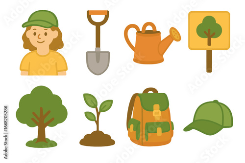 Park Volunteer Icons. Flat vector mini-illustrations national park volunteers in colors children's