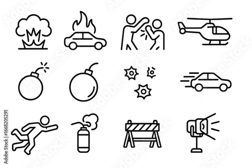 Action Film Icon Set. Outline icon set of action film elements: explosion, burning vehicle, fist fight, laser