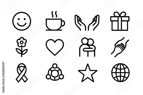 Acts of Empathy Icons. Outline icon set of daily acts of empathy: smile, coffee cup, open hands, gift box,
