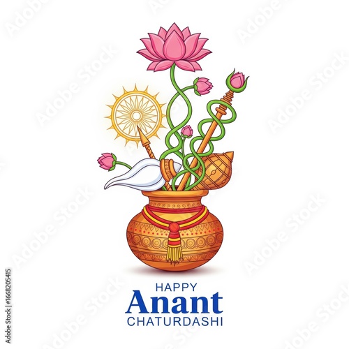 Anant Chaturdashi symbols in a pot with lotus flowers religious hinduism
