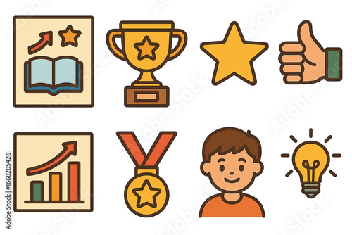 Motivation Icon Set. Flat vector mini-illustrations Study motivation in colors children's illustrations: