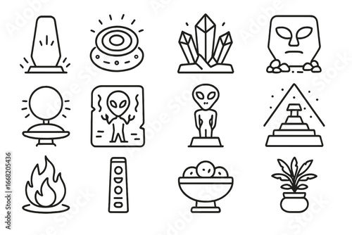 Alien Spiritual Site Icons. Outline icon set of alien spiritual sites: glowing monoliths, energy circles,