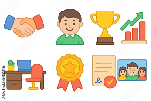 Employee Retention Icons. Flat vector mini-illustrations Employee retention strategies in colors children's