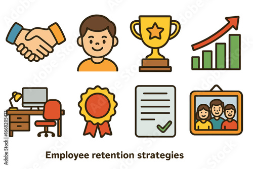 Employee Retention Icons. Flat vector mini-illustrations Employee retention strategies in colors children's