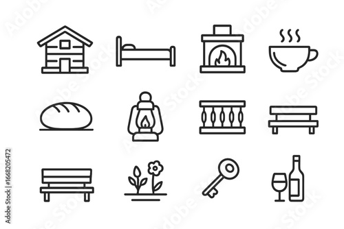 Alpine Hospitality Icons. Outline icon set of alpine hospitality: wooden chalet, guest bed, fireplace, soup