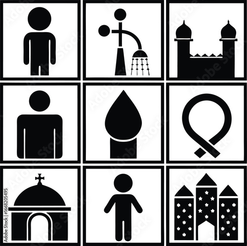 Collection of public restroom symbols and religious building icons for diverse navigation and information signage applications