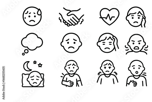 Anxiety Symptoms Icons. Outline icon set of Anxiety symptoms: sweating face, shaking hands, racing heart,