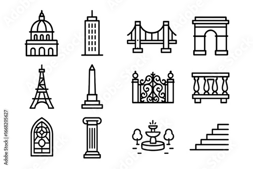 Architectural Icons Set. Outline icon set of architectural sightseeing: cathedral dome, skyscraper, bridge,