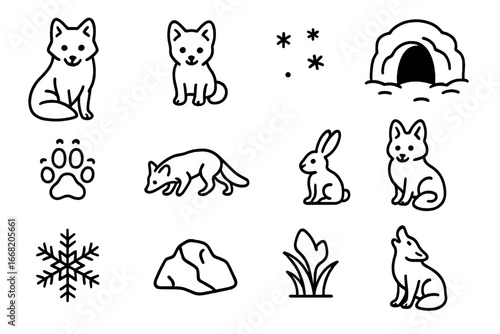 Arctic Fox Icon Set. Outline icon set of arctic fox family: fox, pup, snow, den entrance, paw print, hunting