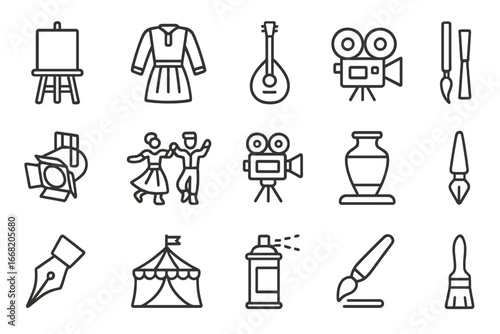 Art and Culture Icons. Outline icon set of harmonious art and culture: artist easel, traditional costume,