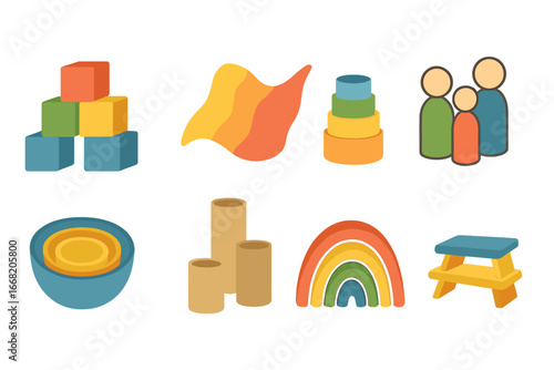 Colorful Children's Play Icons. Flat vector mini-illustrations Open-ended play in colors children's