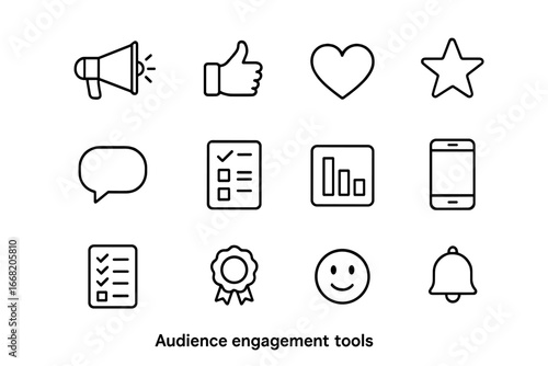 Audience Engagement Icons. Outline icon set of audience engagement tools: megaphone, like button, heart, star,