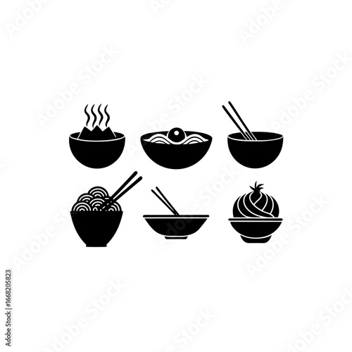 6 different miso ramen silhouette vector icons set