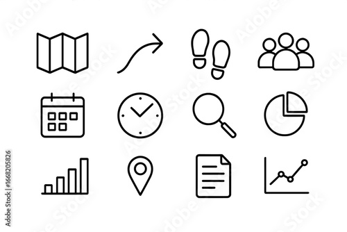 Audience Journey Icons. Outline icon set of audience journey mapping: map, path arrow, footprints, group of