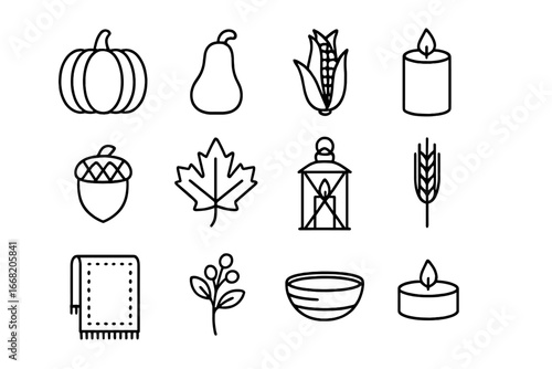 Autumn Harvest Icons. Outline icon set of autumn harvest table decor: pumpkin, gourd, corn husk, pillar candle