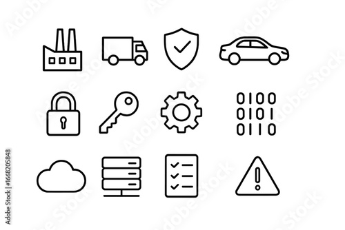 Automotive Security Icons. Outline icon set of securing automotive supply chains: factory, truck, shield, car,