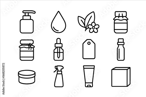 Ayurvedic Hair Oils Icons. Outline icon set of ayurvedic hair oils: pump bottle, oil droplet, leaf, flower,