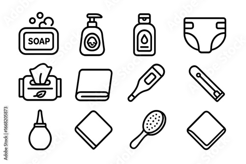 Baby Care Essentials Icons. Outline icon set of baby health and hygiene: baby soap, shampoo, baby lotion,