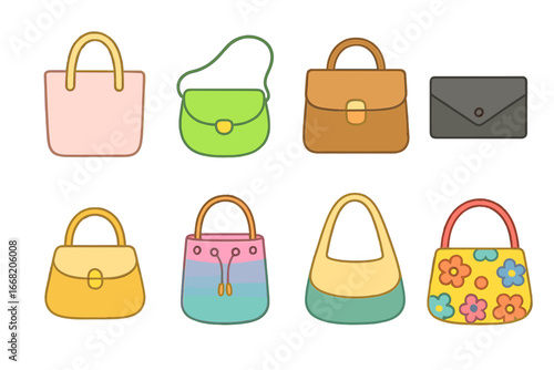 Colorful Handbag Illustrations. Flat vector mini-illustrations Color trend handbags in colors children's