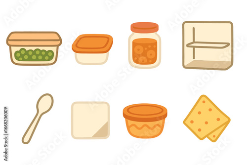 Kids' Food Storage Icons. Flat vector mini-illustrations Putting away leftovers in colors children's