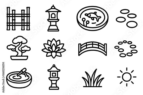 Bamboo Garden Icons. Outline icon set of bamboo garden design: bamboo fence, lantern, koi pond, stepping