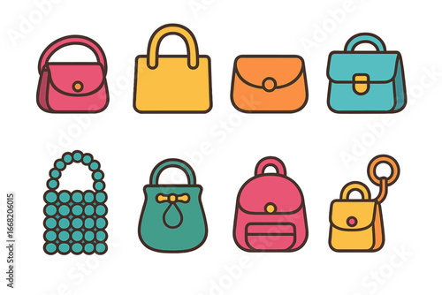 Colorful Mini Bags. Flat vector mini-illustrations Mini bags trend in colors children's illustrations: micro