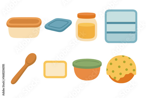 Kids' Food Storage Icons. Flat vector mini-illustrations Putting away leftovers in colors children's