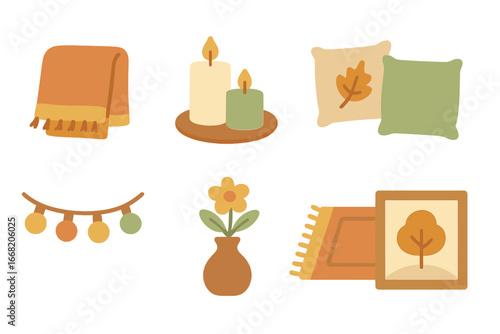 Seasonal Decor Icons. Flat vector mini-illustrations Seasonal decor changes in colors children's illustrations