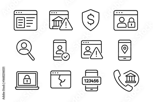 Bank Security Icons. Outline icon set of online bank account monitoring: activity log icon, suspicious