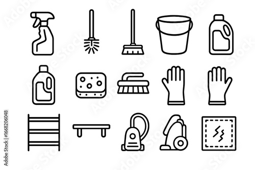 Bathroom Cleaning Icon Set. Outline icon set of bathroom cleaning supply storage: spray bottle, toilet brush,