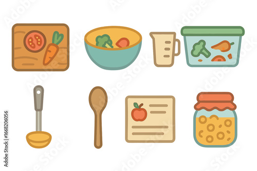 Family Meal Icons. Flat vector mini-illustrations Family meal prep with leftovers in colors children's
