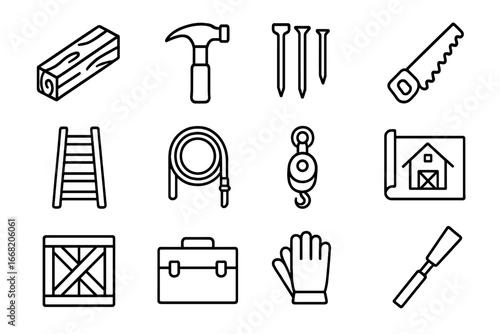 Barn Construction Icons. Outline icon set of wooden barn construction: timber beam, hammer, nails, saw, ladder