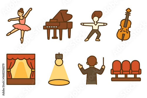 Child's Ballet Showcase. Flat vector mini-illustrations A classical ballet performance on stage with a live