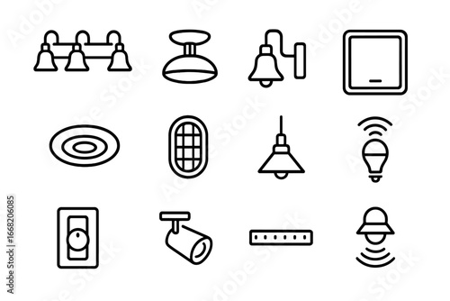Bathroom Lighting Icons. Outline icon set of bathroom lighting design: vanity light, ceiling fixture, wall
