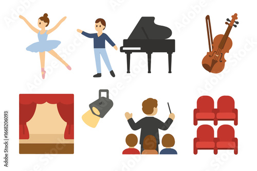 Child's Ballet Showcase. Flat vector mini-illustrations A classical ballet performance on stage with a live