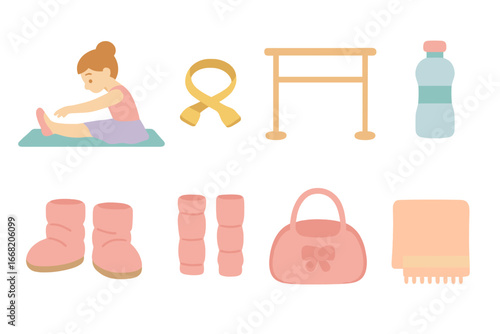 Ballet Warm-Up Icons. Flat vector mini-illustrations Ballet dancer warm-up in colors children's illustrations: