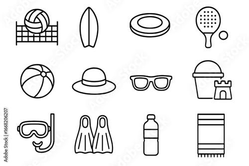 Beach Sports Icons. Outline icon set of beach sports: beach volleyball, surfboard, frisbee, paddleball racket,