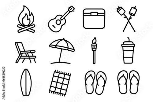Beach Campfire Icons. Outline icon set of beach campfire party: campfire, guitar, marshmallows, cooler, beach